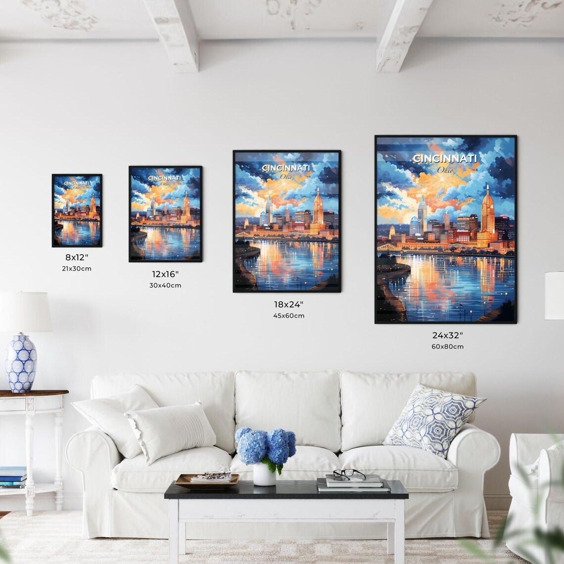 Cincinnati Ohio Travel Poster Sunset Skyline River Reflection Fireworks Art - Image 3