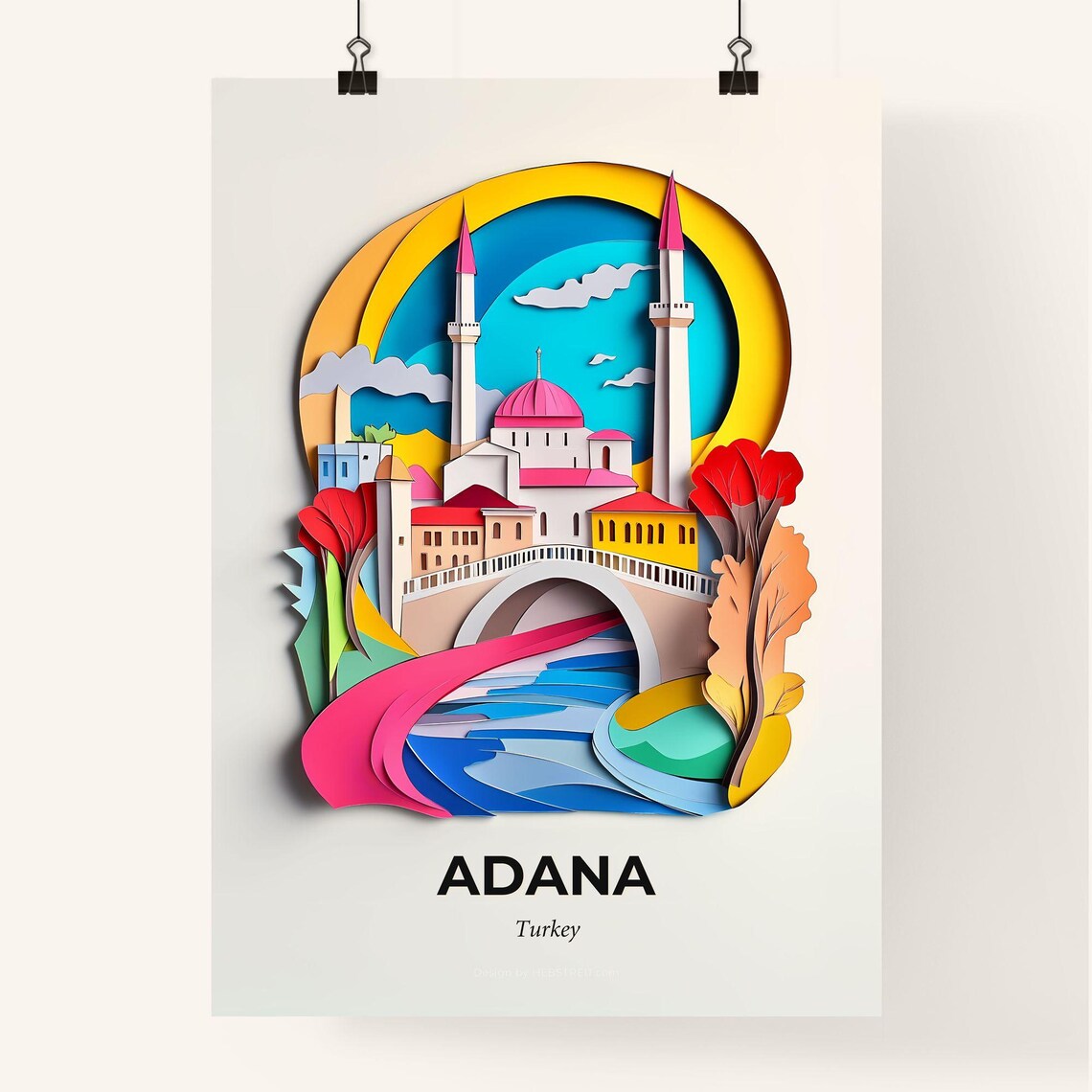 Adana Turkey Mosque River Bridge Paper Cut City Travel Poster - Image 4