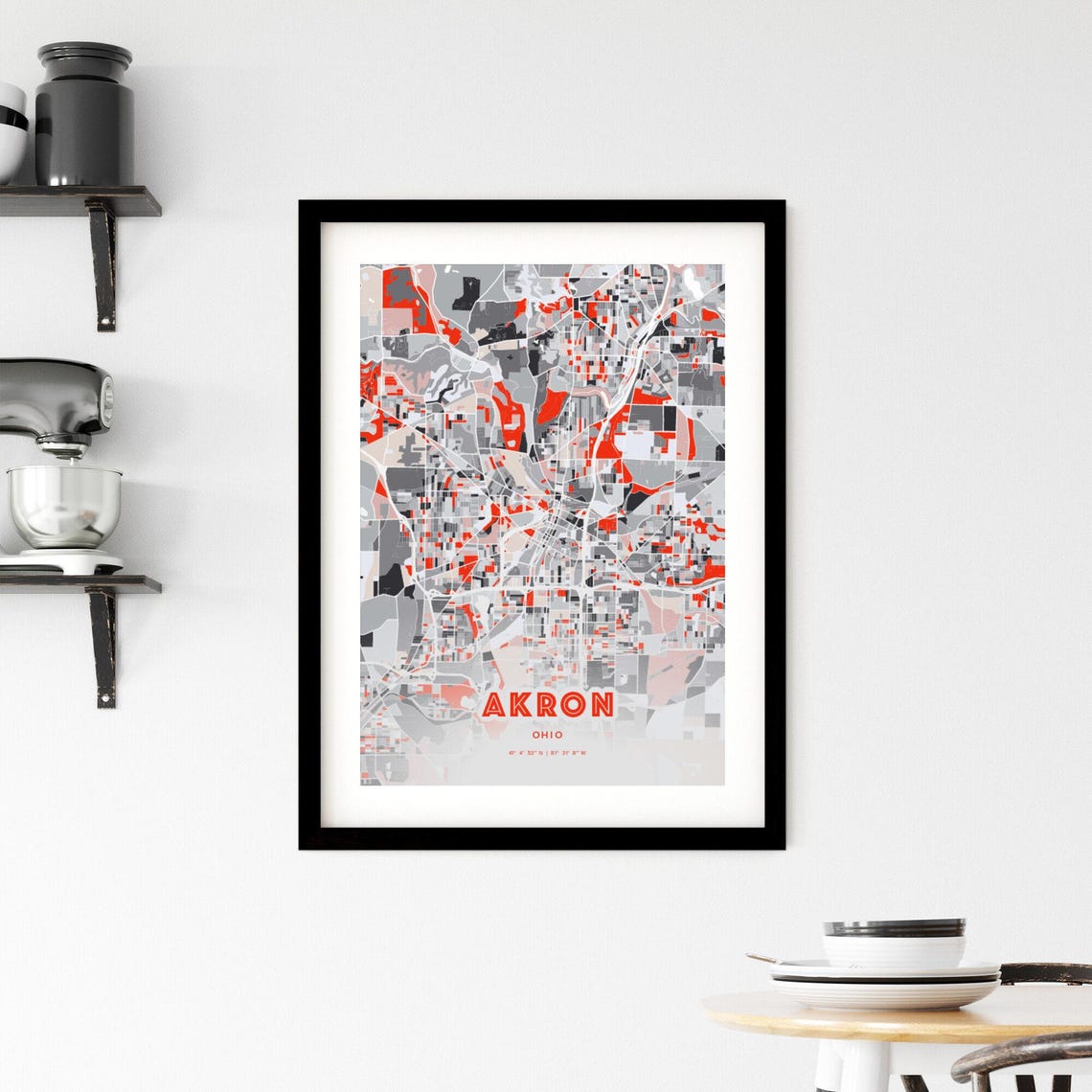 Akron Ohio Expressive Red Abstract Modern City Map Art Poster - Image 2