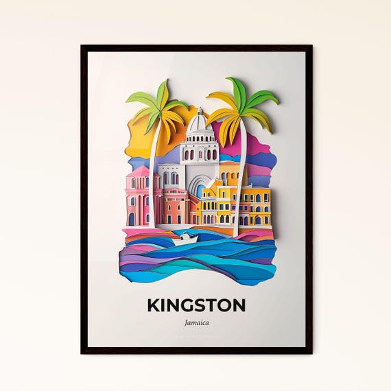 Vivid Kingston Jamaica A Paper Cut Of A City With Palm Trees Fine Art Print Customizable