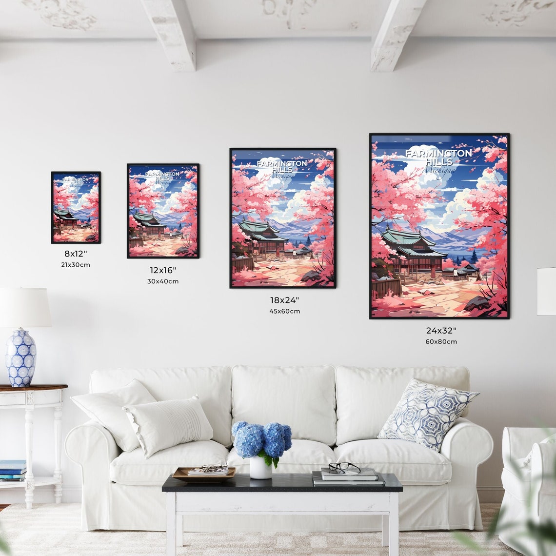 Farmington Hills Michigan A Painting Of A Japanese House With Pink Flowers Customisable Travel Art Print A Memorable Gift - Image 3