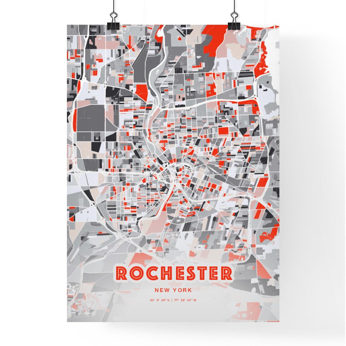 Rochester New York Modern Red Gray City Map Art Poster Decor - Image 3