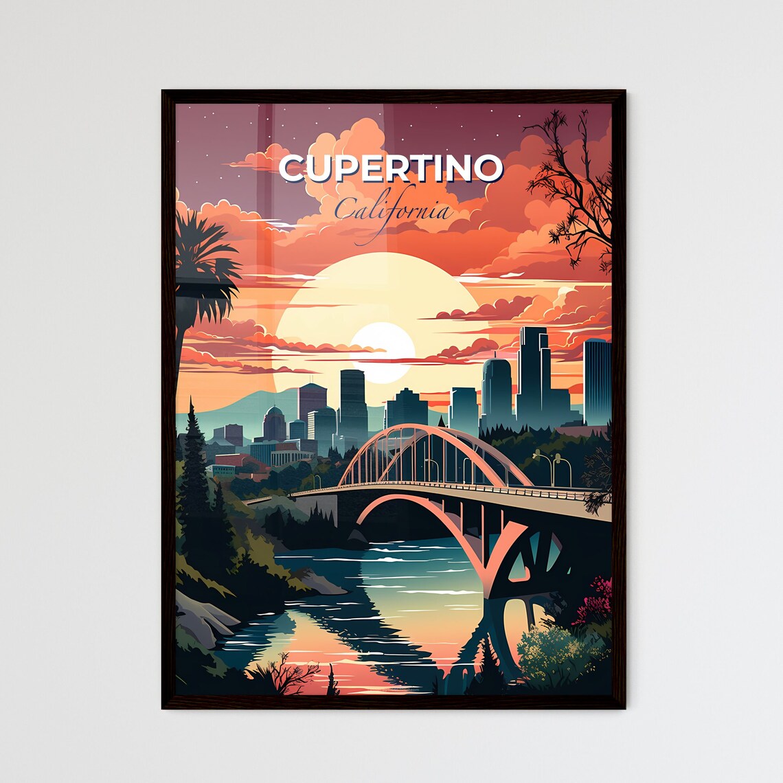 Cupertino California Sunset Arch Bridge City Skyline Art Poster