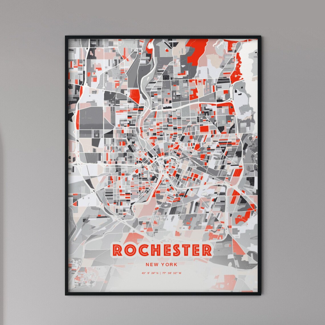 Rochester New York Modern Red Gray City Map Art Poster Decor