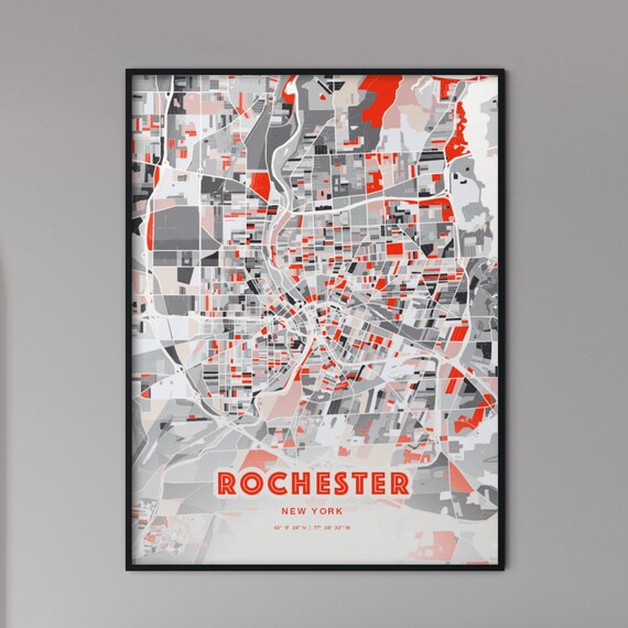 Rochester New York Modern Red Gray City Map Art Poster Decor