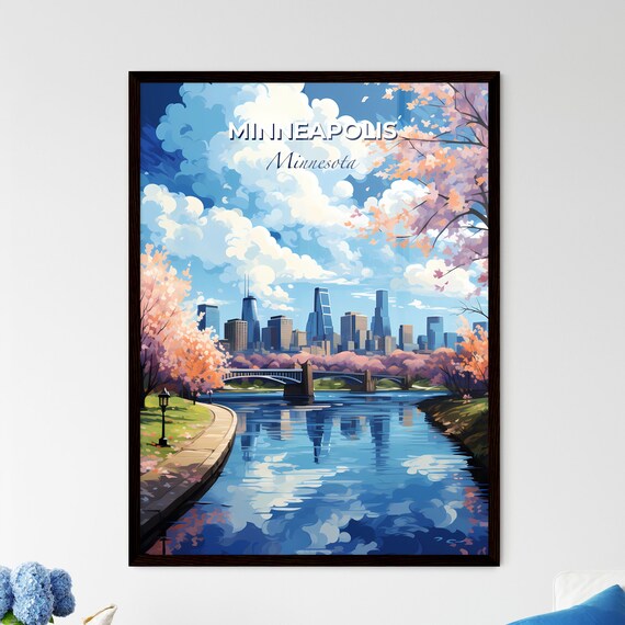 Minneapolis Minnesota River Bridge Blossom Skyline Travel Poster