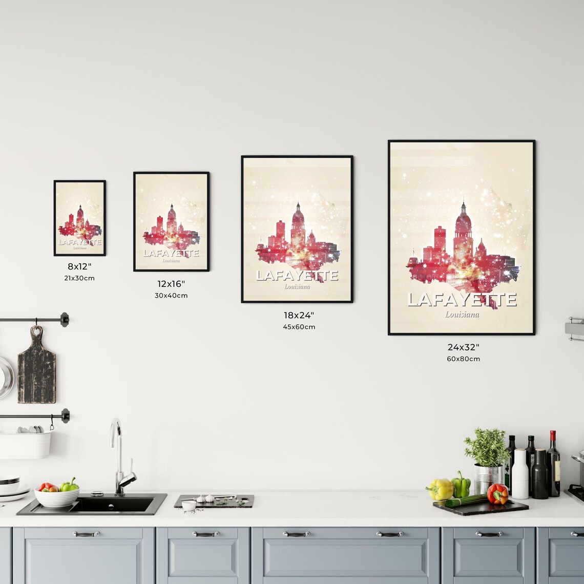 Lafayette Louisiana Red Watercolor Skyline State Silhouette Art Poster - Image 3