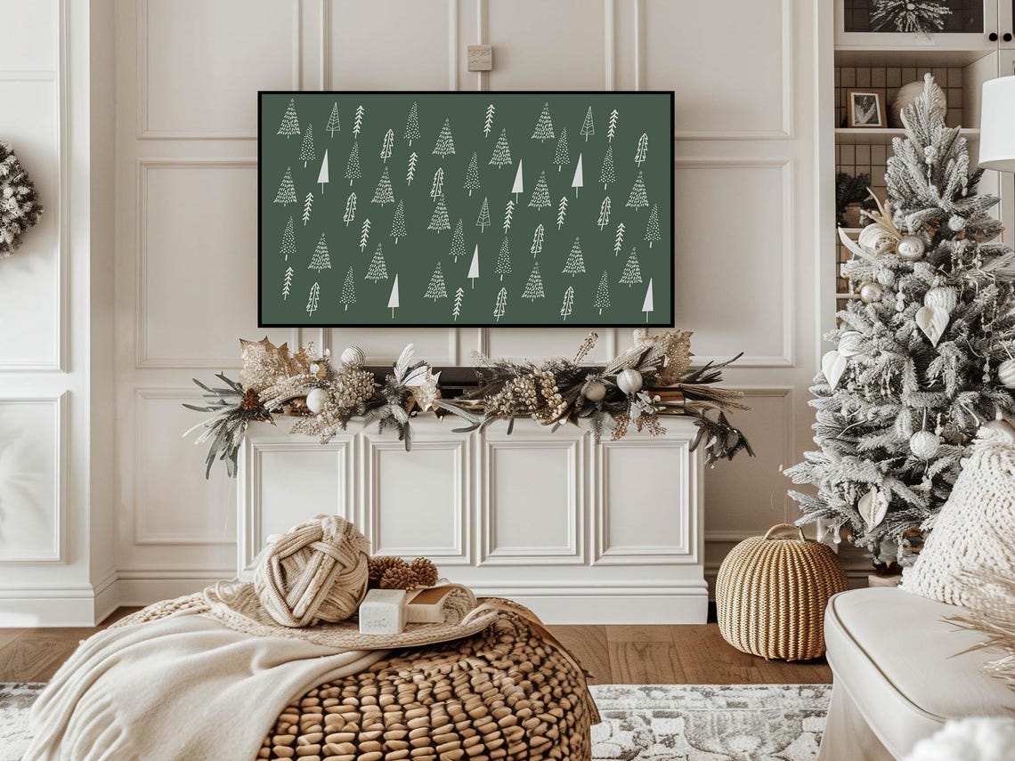 Minimalist White Tree Pattern Green Bold Wide Holiday Art Poster - Image 5