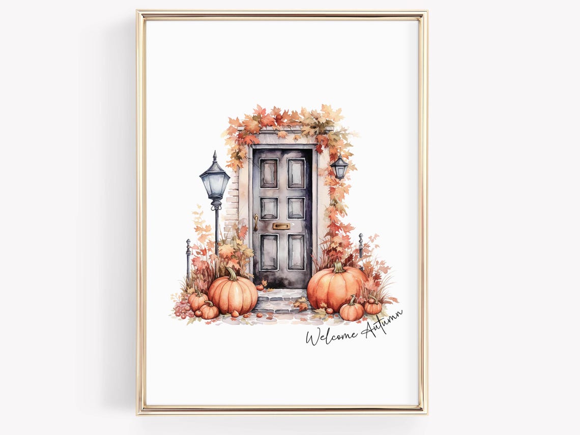 Welcome Autumn Watercolor Front Door Pumpkins Fall Scene Poster - Image 2