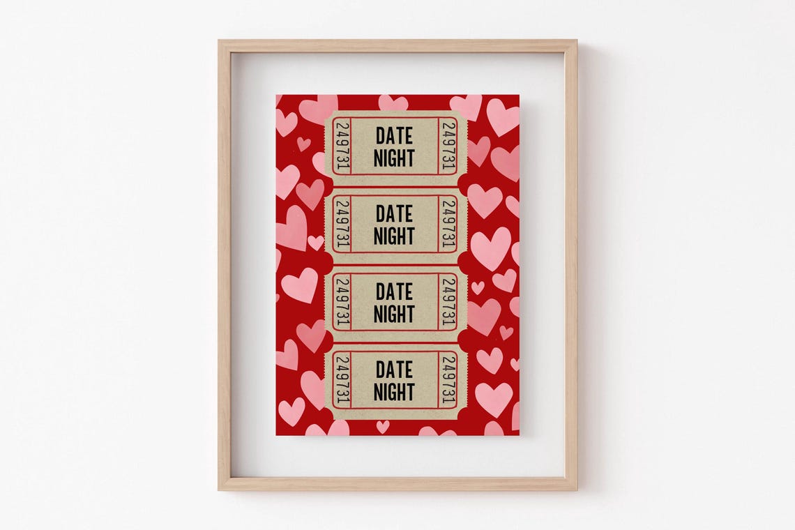 Date Night Tickets Red Hearts Vintage Romantic Couples Wall Art Print - Image 5