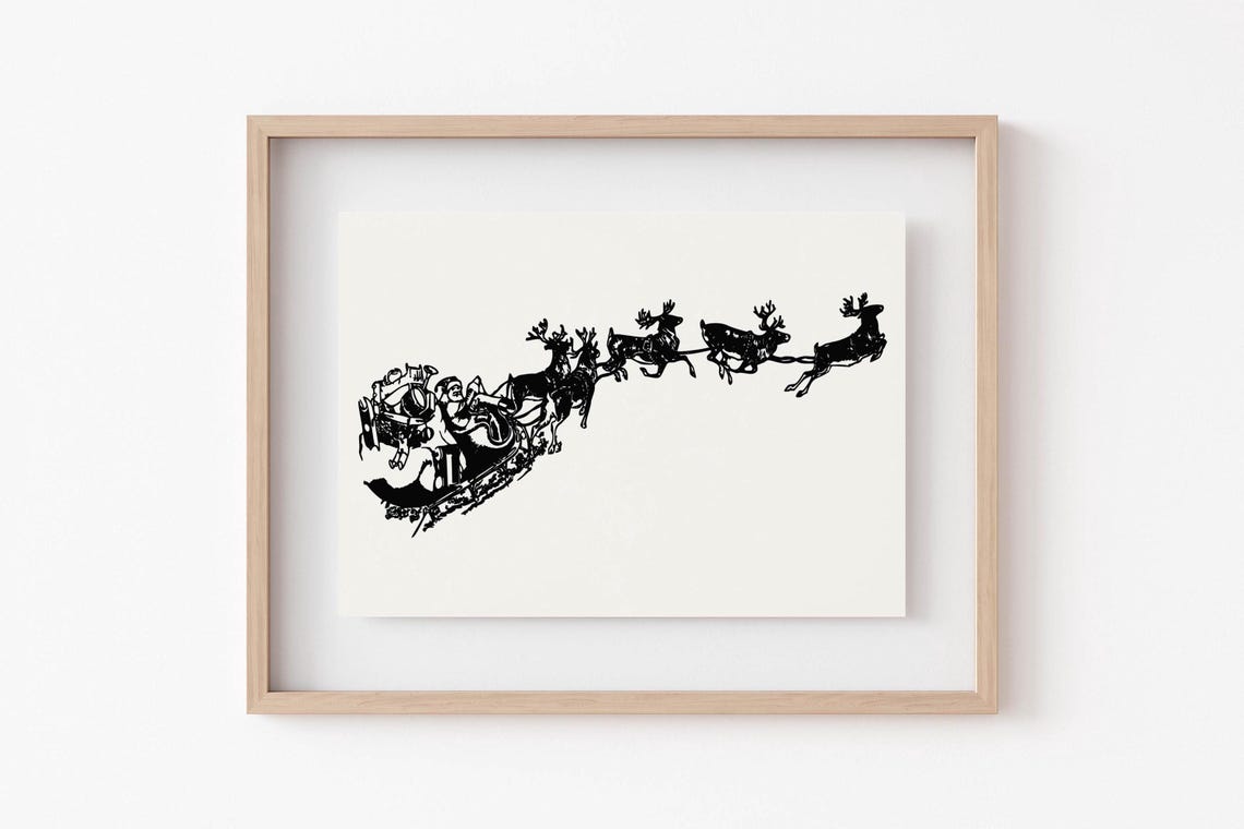 Santa Sleigh Reindeer Silhouette Vintage Engraving Art Poster - Image 2