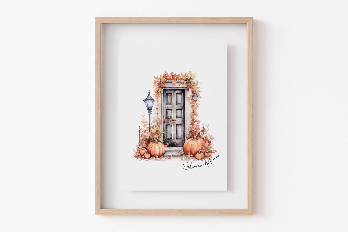 Welcome Autumn Watercolor Front Door Pumpkins Fall Scene Poster - Image 6