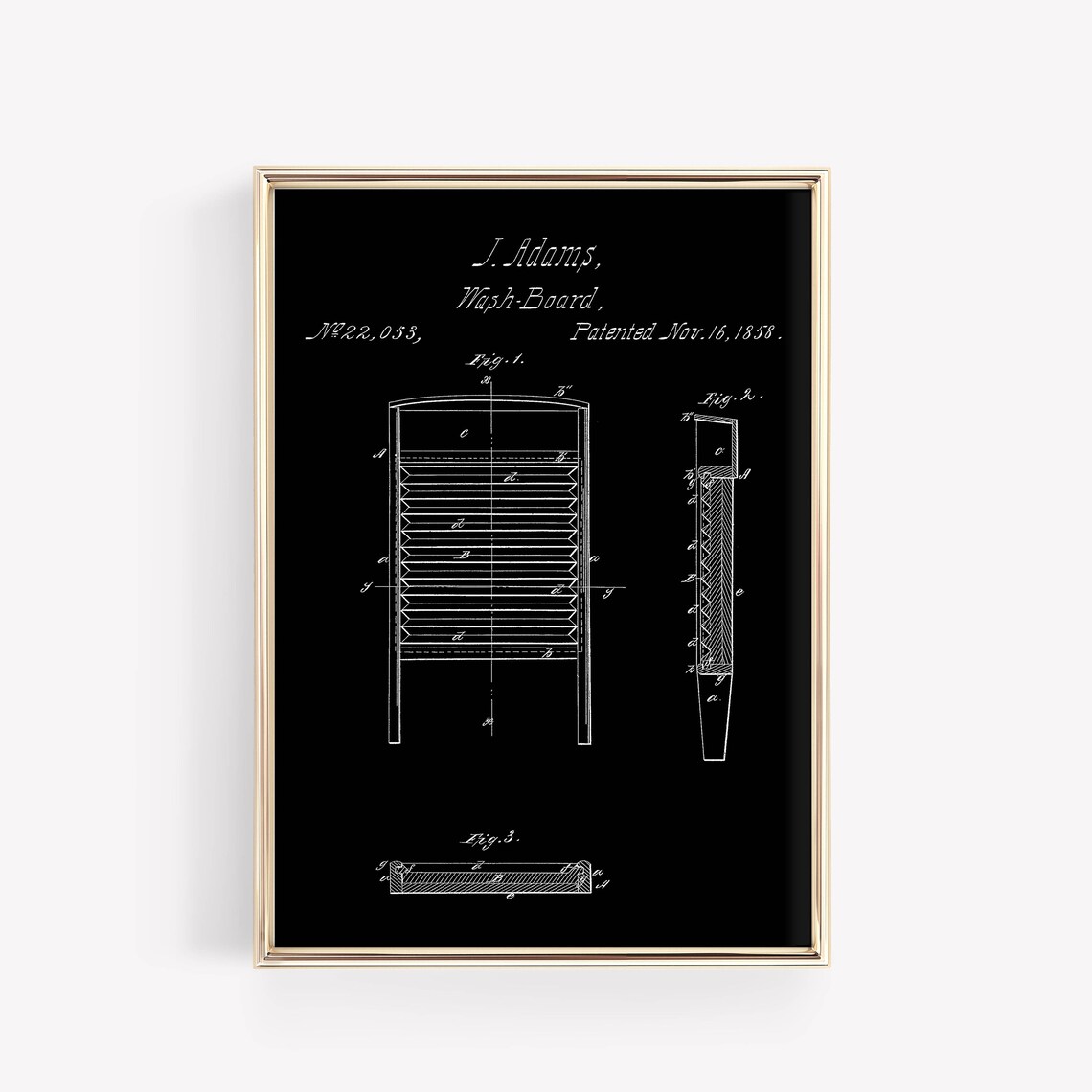 1858 Wash Board Patent Blueprint Drawing Black Laundry Room Poster