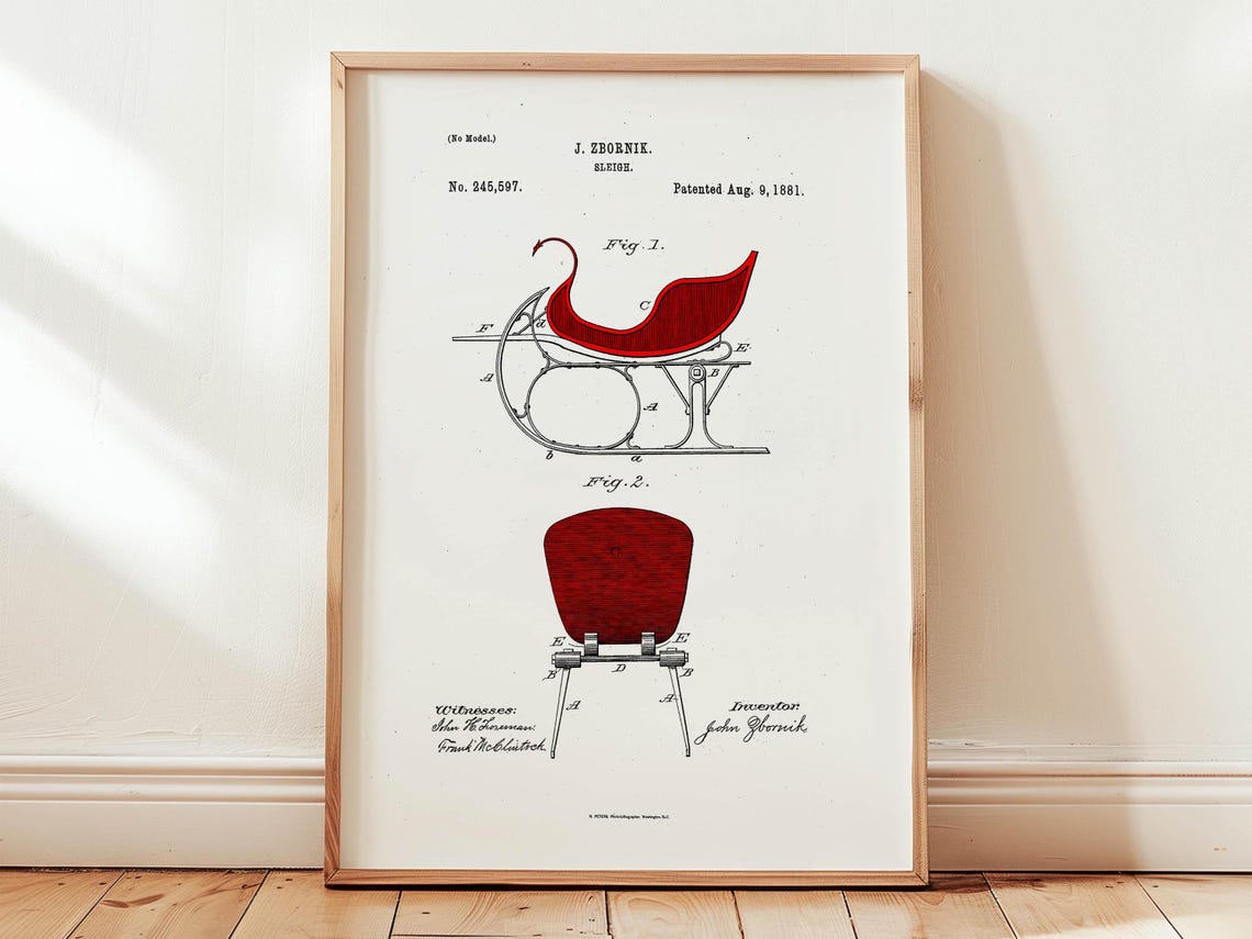 1881 Sleigh Patent Drawing Zbornik Red Sled Vintage Winter Poster - Image 2