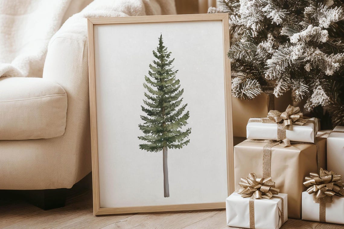 Tall Slender Watercolor Pine Tree Minimal Winter Wall Poster - Image 4