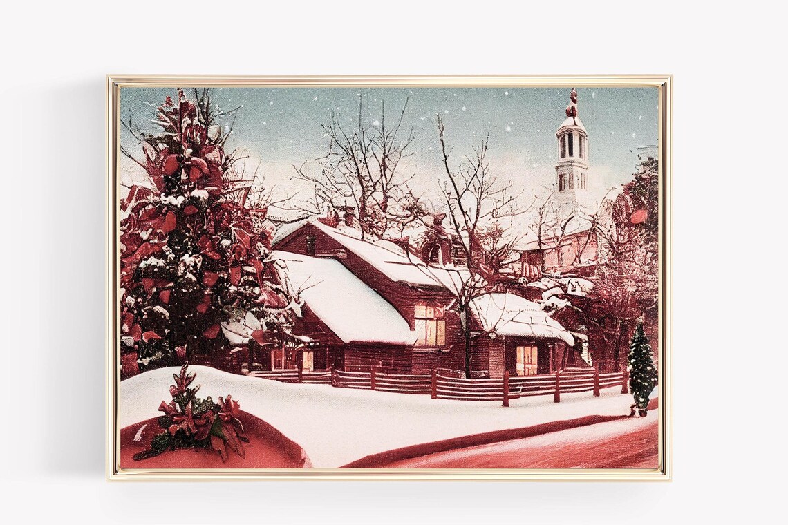 Vintage Snowy Village Church Winter Landscape Christmas Poster - Image 2