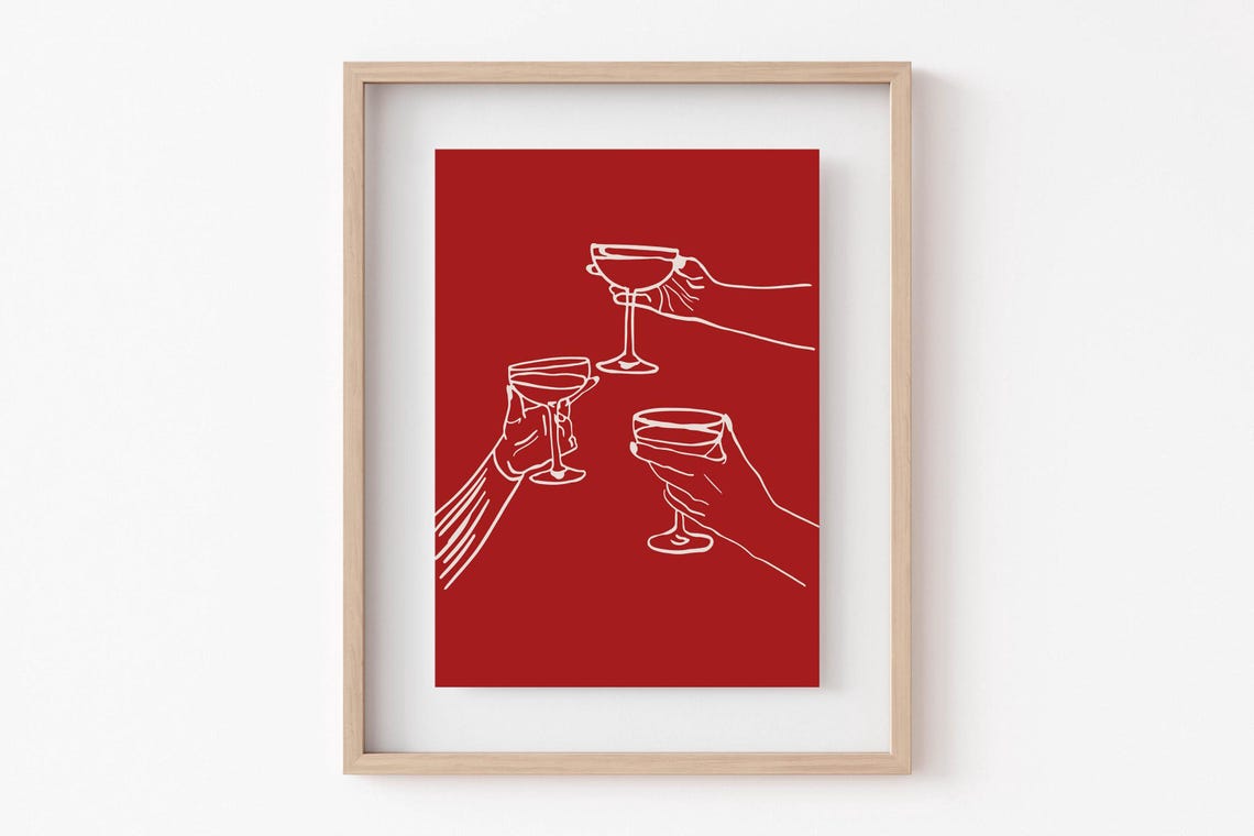 Elegant Cheers Coupe Glasses Toast Minimalist Red Bar Cart Poster - Image 4