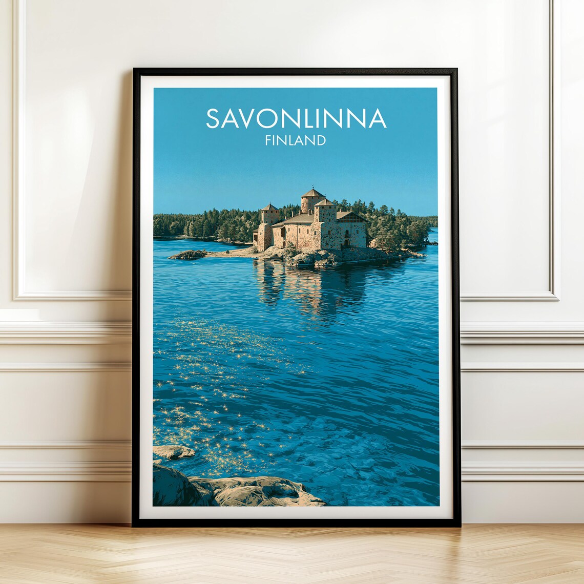 Savonlinna Finland Vintage Travel Poster Castle Lake Island View