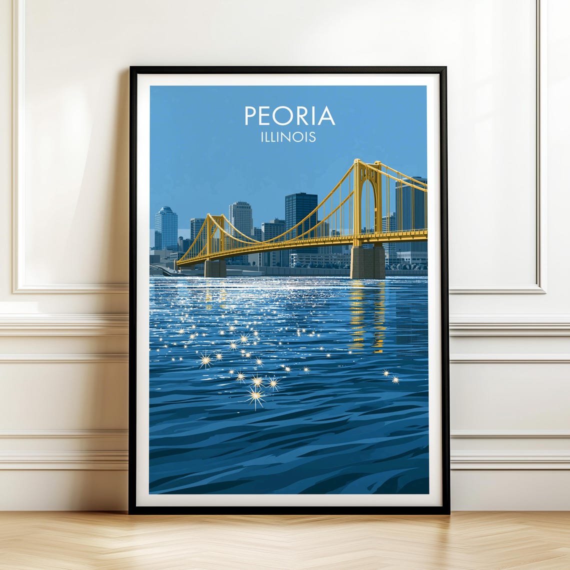 Peoria Illinois Golden Bridge River Skyline Vintage Travel Poster
