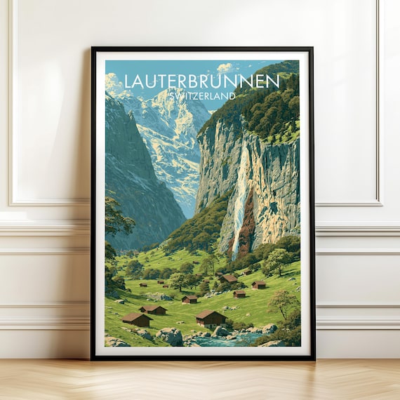 Lauterbrunnen Switzerland Vintage Travel Valley Waterfall Poster