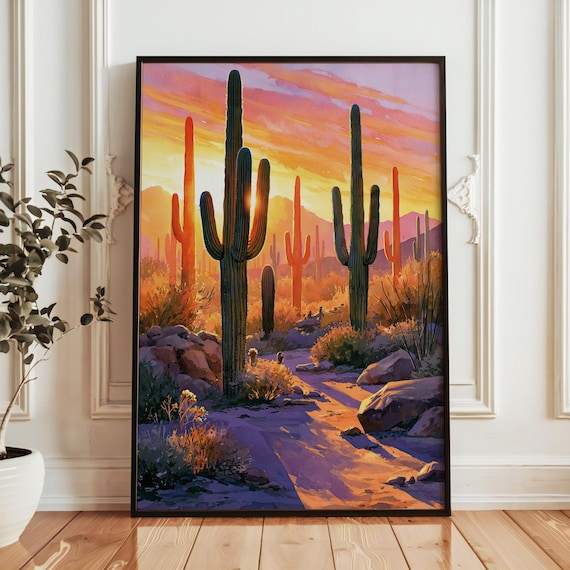 Saguaro National Park Giant Cacti Desert Sunset Watercolor Poster