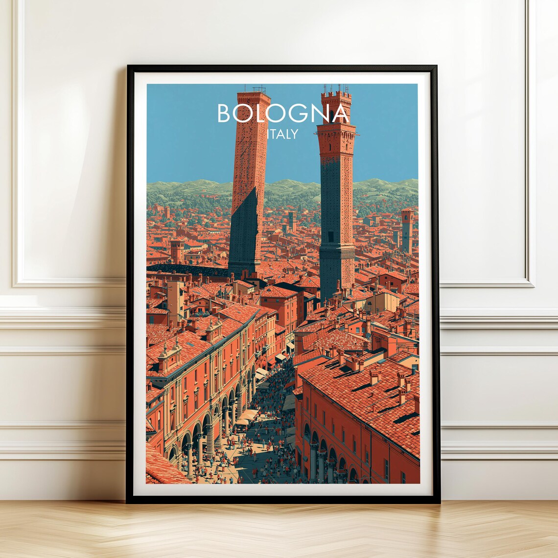 Bologna Italy Twin Towers Terracotta Rooftops Vintage Travel Poster