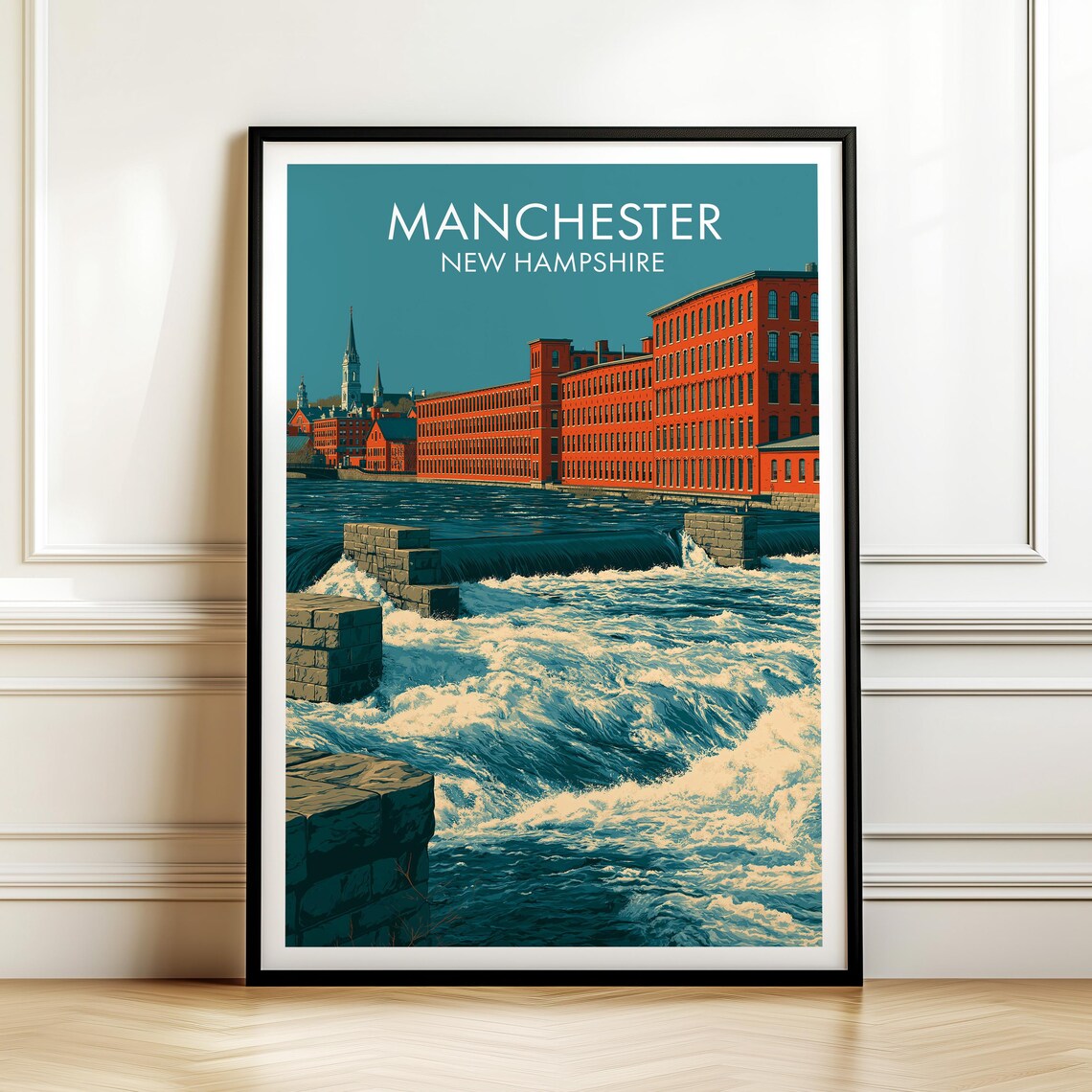 Manchester New Hampshire Poster Vintage Usa Cityscape Travel Wall Art American Landmark Print Americana Decor