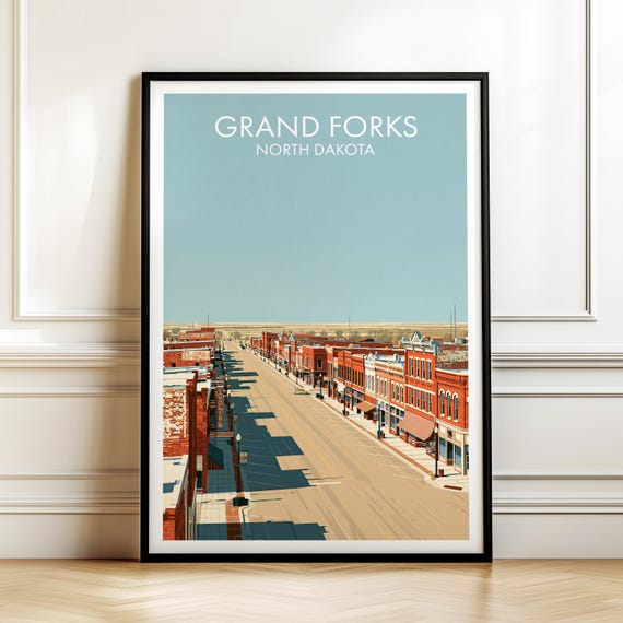 Grand Forks North Dakota Poster Vintage Usa Cityscape Travel Wall Art American Landmark Print Americana Decor