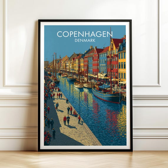 Nyhavn Copenhagen Denmark Travel Poster Vintage Europe Cityscape Wall Art Print For Home Decor