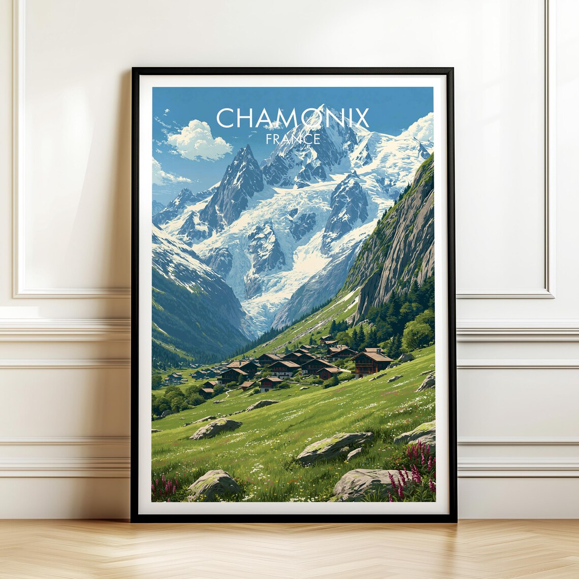 Chamonix France Alpine Snowy Mountains Village Vintage Ski Travel Poster