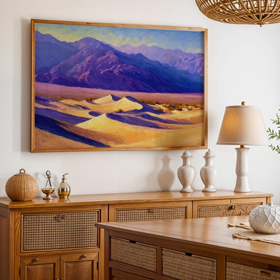 Death Valley Golden Sand Dunes Purple Mountain Oil Painting Poster
