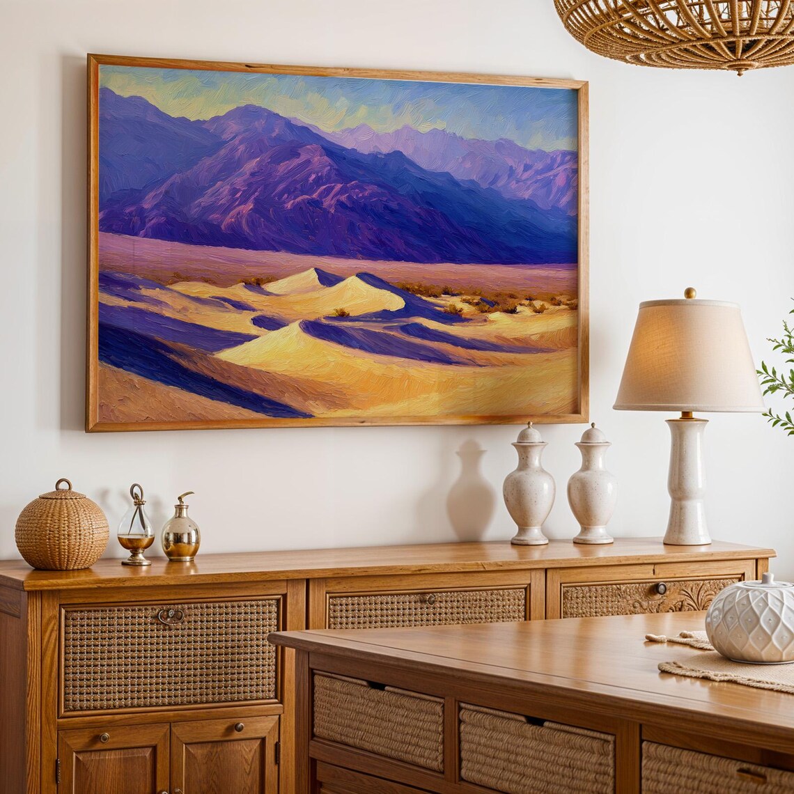 Death Valley Golden Sand Dunes Purple Mountain Oil Painting Poster