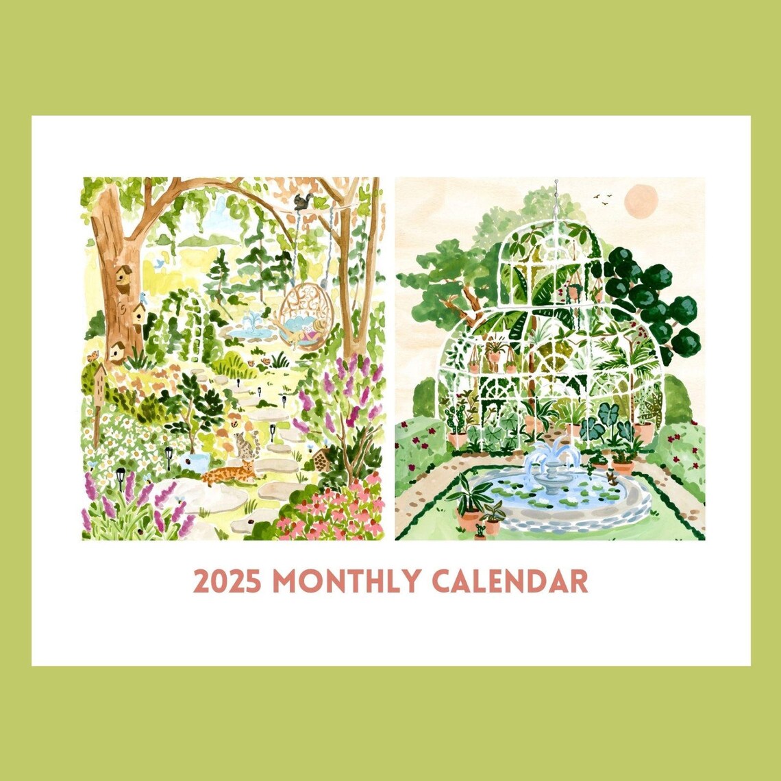 2025 Monthly Calendar Lush Garden Watercolor Art Print Greenhouse Cat