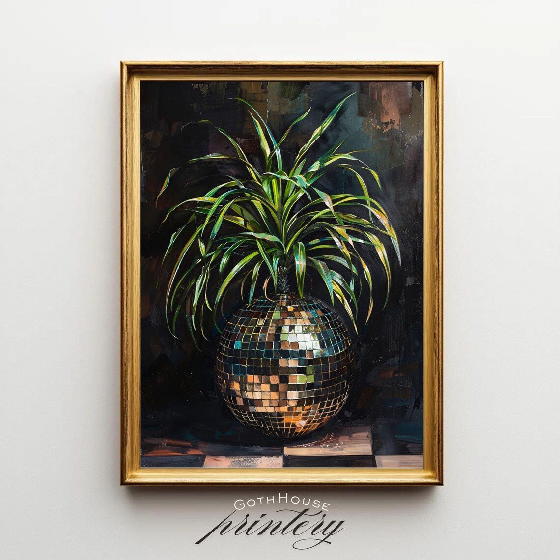 Disco Ball Moody Botanical Poster, Maximalist Funky Art