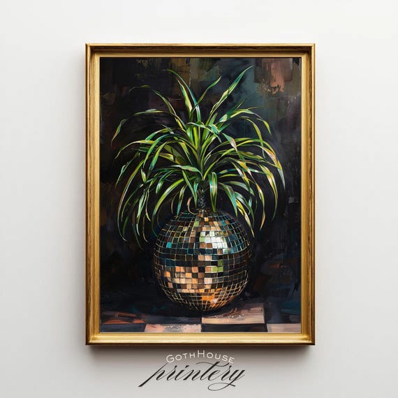 Disco Ball Moody Botanical Poster, Maximalist Funky Art