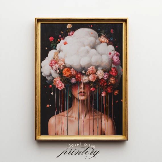 In Clouds Surreal Portrait Floral Woman Art Print