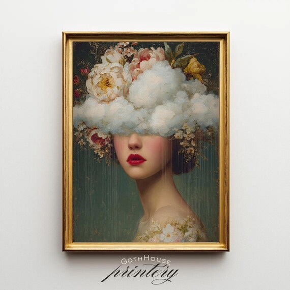 Surreal Woman Portrait With Flowers, Art Print