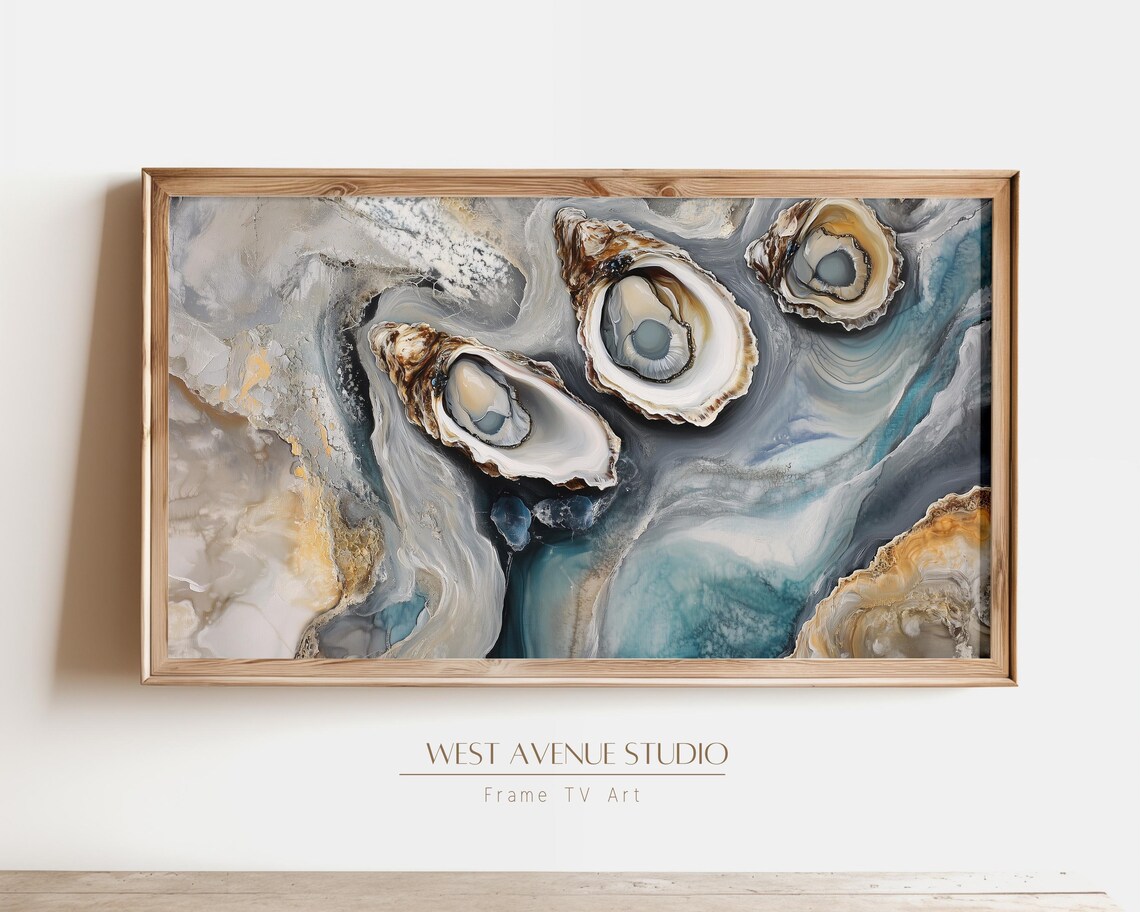 Coastal Oyster Shells Blue Abstract Beach House Kitchen Wall Art Poster - Image 3