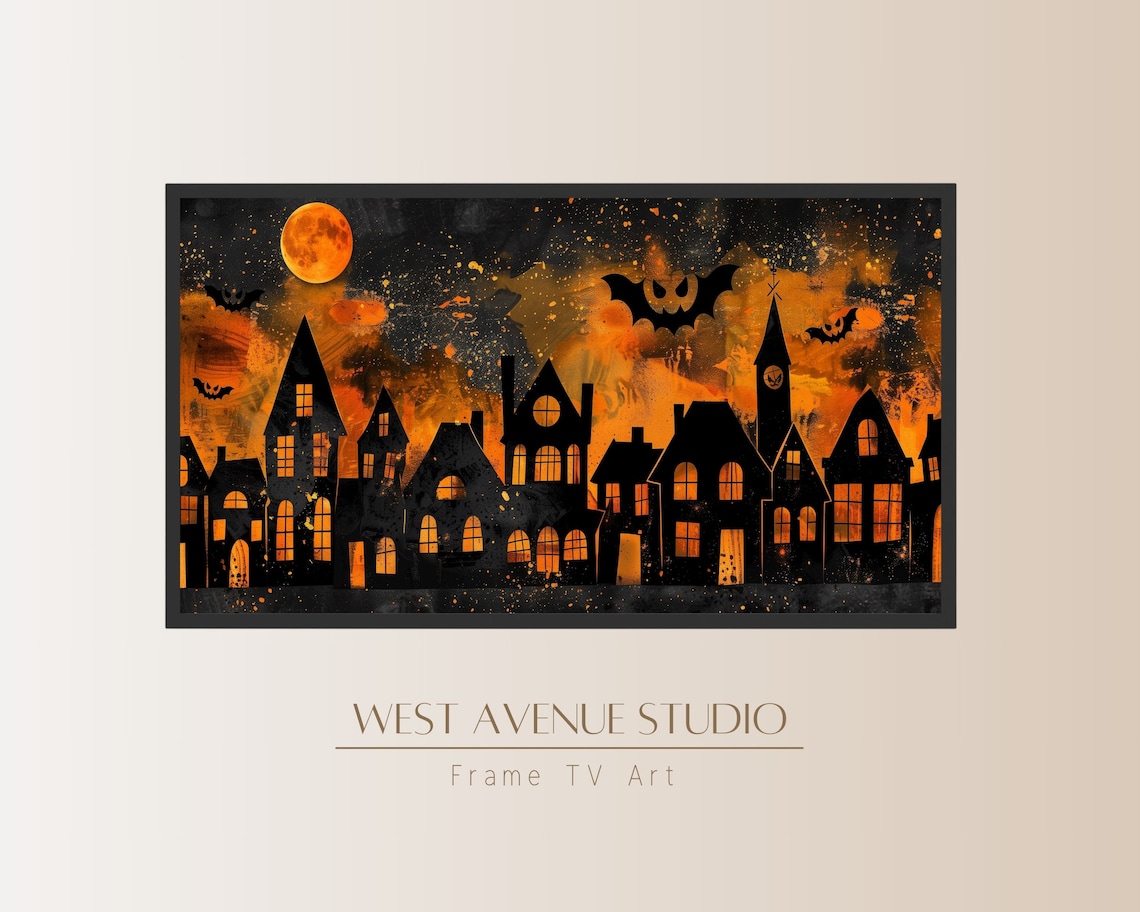 Halloween Town Silhouette Fiery Orange Sky Full Moon Bats Night Art Poster - Image 2
