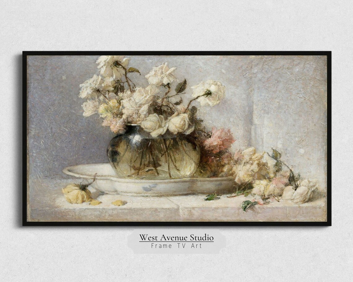 White Roses Glass Vase Antique French Still Life Floral Painting Poster - Image 5