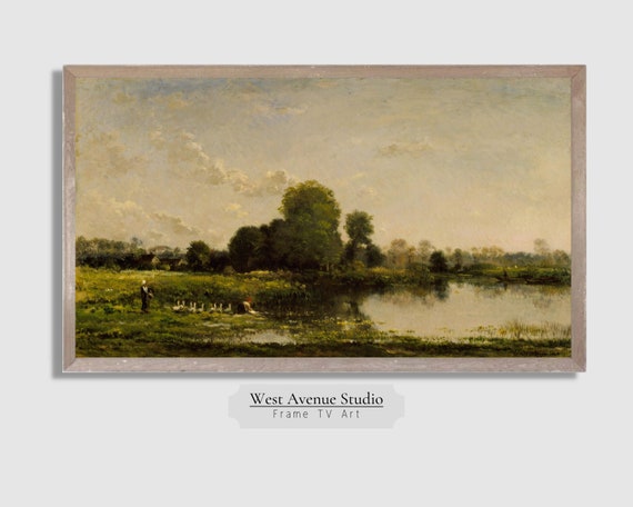 Frame Tv Art Vintage Landscape Painting Textured River Bank Tv Art Farmhouse Decor Instant Tv Art Screen Saver 042