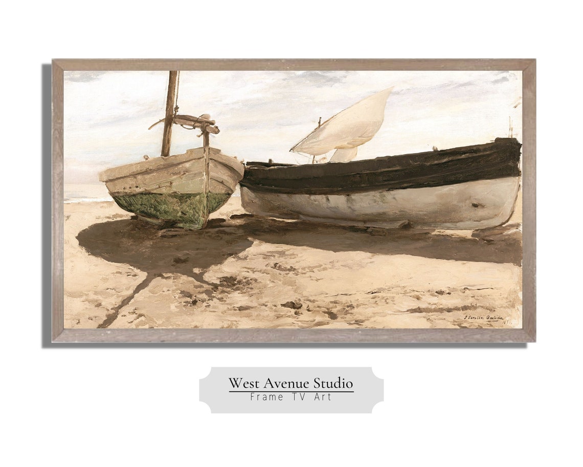 Frame Tv Art Summer Seascape Vintage Oil Painting Nautical Tv Art Summer Boats Summer Tv Art Circa 1893 Instant 297 - Image 3