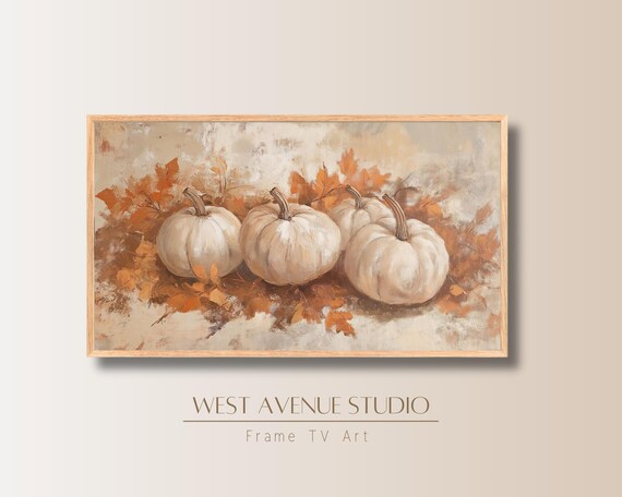 White Pumpkins With Fall Leaves Neutral Autumn Farmhouse Wall Art Poster