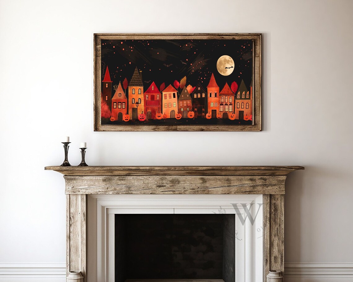 Folk Art Halloween Village Jack O Lanterns Full Moon Autumn Night Art Poster - Image 4
