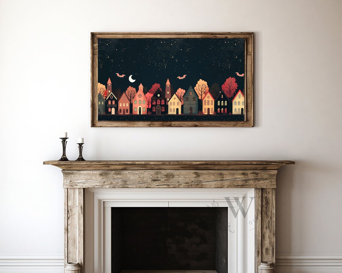 Cute Halloween Village Illustration Colorful Houses Moon Bats Night Art Poster - Image 4
