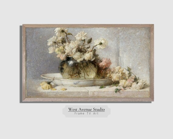 White Roses Glass Vase Antique French Still Life Floral Painting Poster