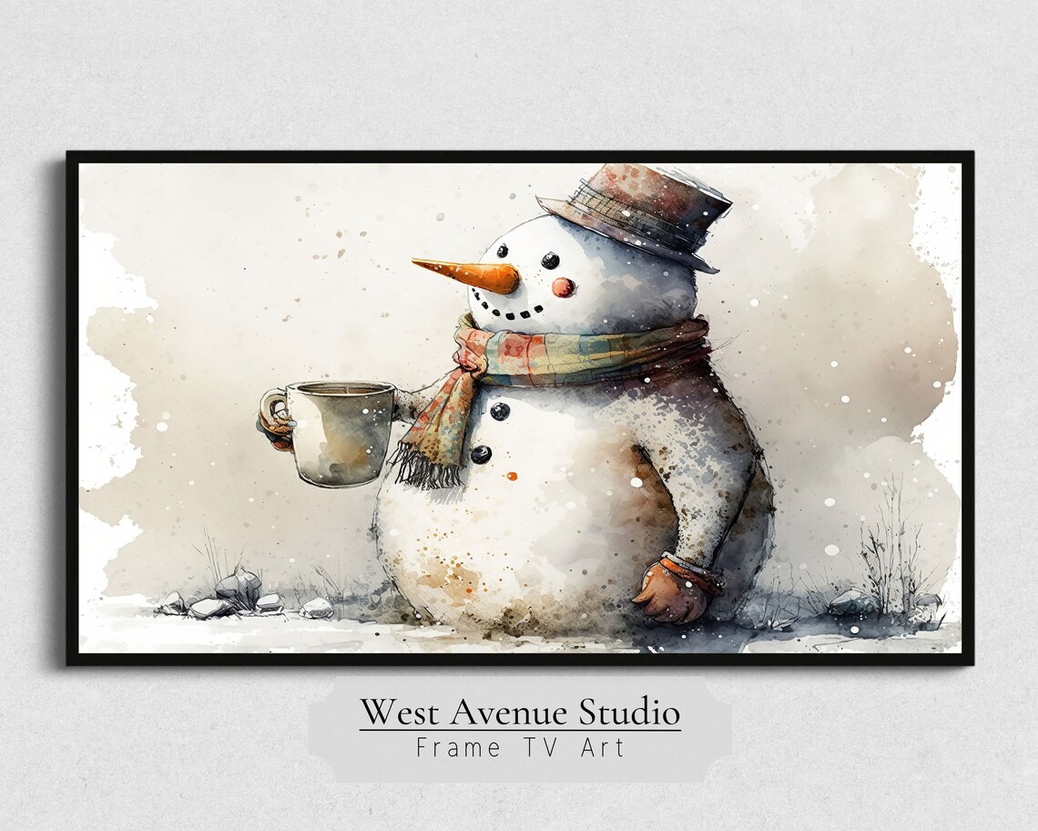 Watercolor Snowman Holding Hot Cocoa Top Hat Scarf Cozy Winter Poster - Image 3