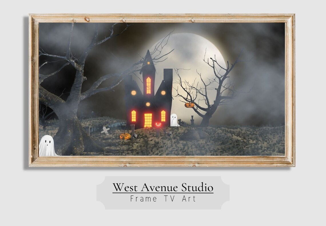 Haunted House Glowing Windows Full Moon Cute Ghosts Halloween Night Art Poster - Image 4