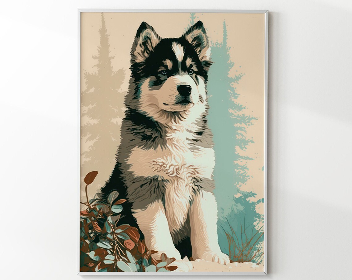 Husky Puppy Poster Sitting Portrait Beige Teal Modern Dog Art Decor