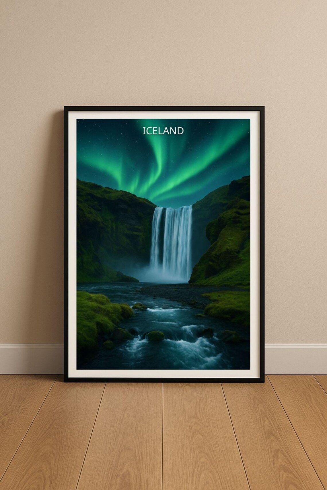 Iceland Northern Lights Aurora Over Waterfall At Night Travel Poster